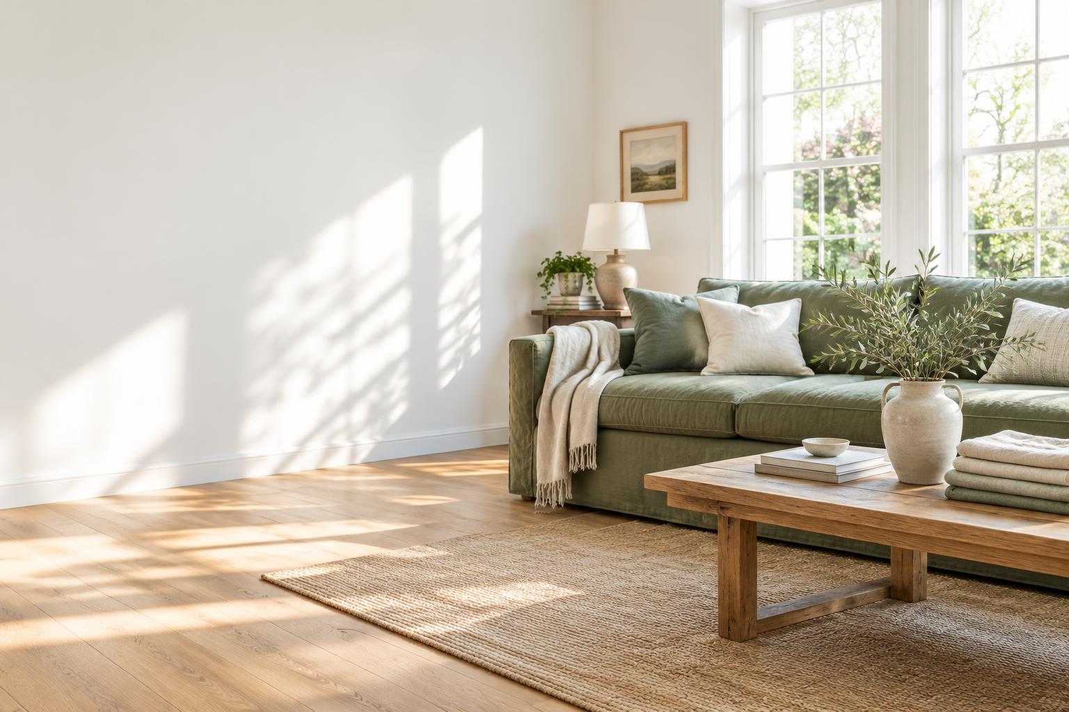 Spotless sunlit living room with a sage sofa and fresh olive branches
